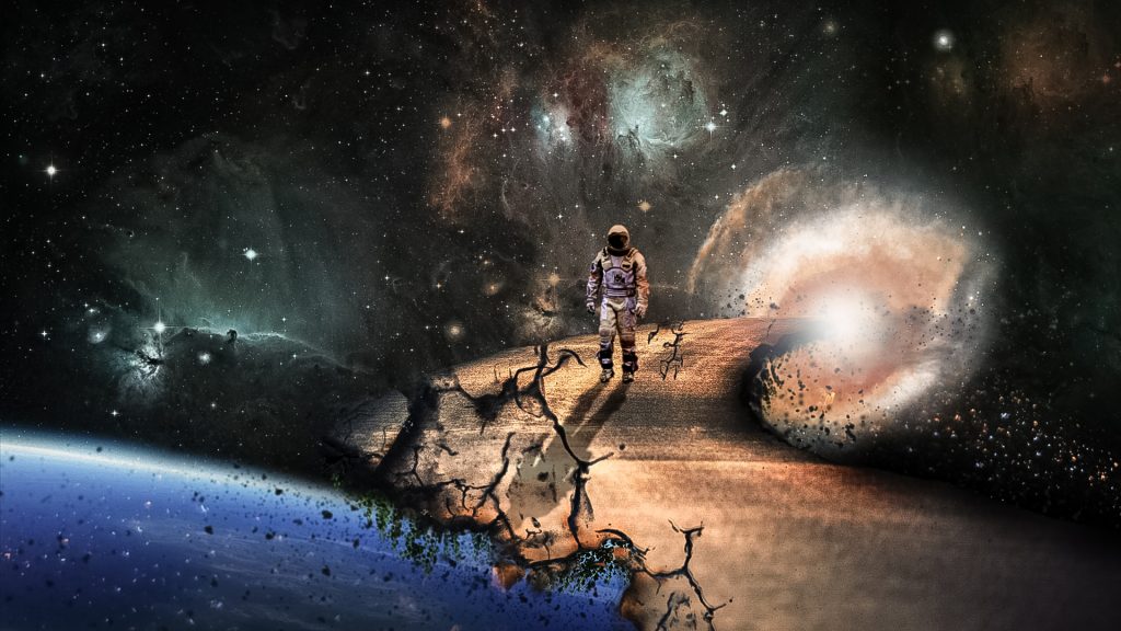A decorative image. An isolated astronaught walk through space, sourrounded by light and swirling galaxies