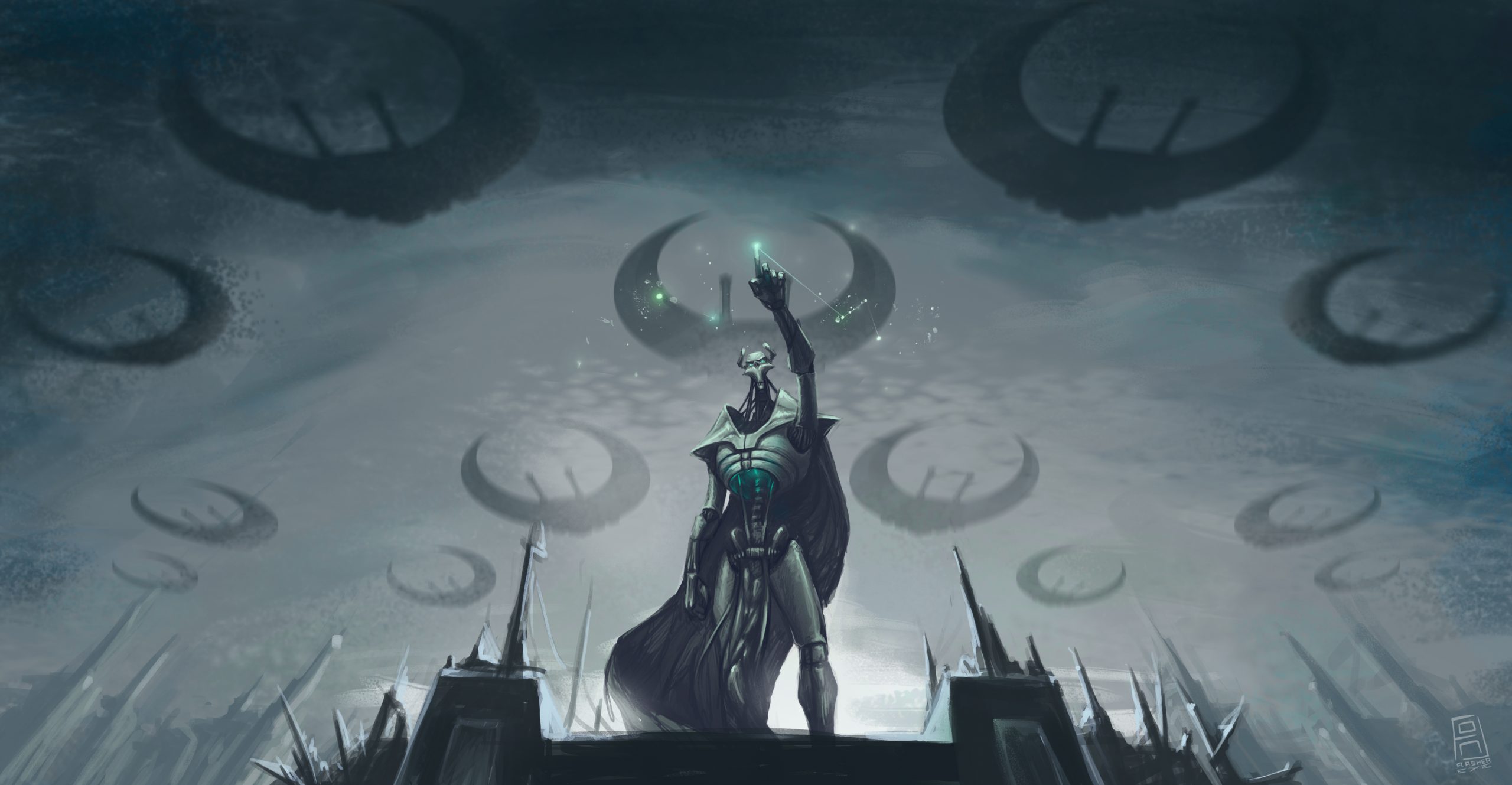 A Necron Lord points into the camera, whilst stand atop of his palace.