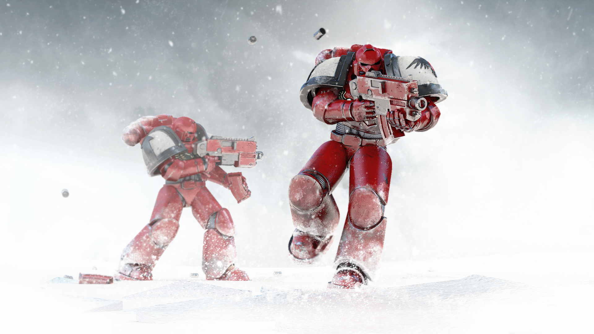 Two Space Marines in Power armour fight in the snow